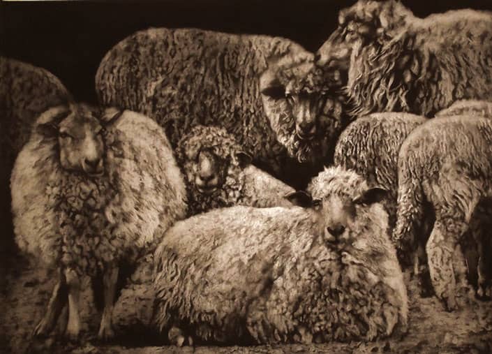 Peinture de moutons en noir et blanc.